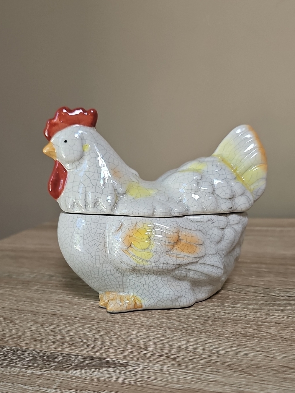Creative Co-Op White Ceramic Hen Trinket Box with Yellow & Orange Accents